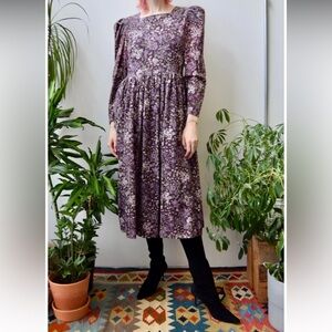Vintage Laura Ashley purple corduroy floral midi dress sz large made in England